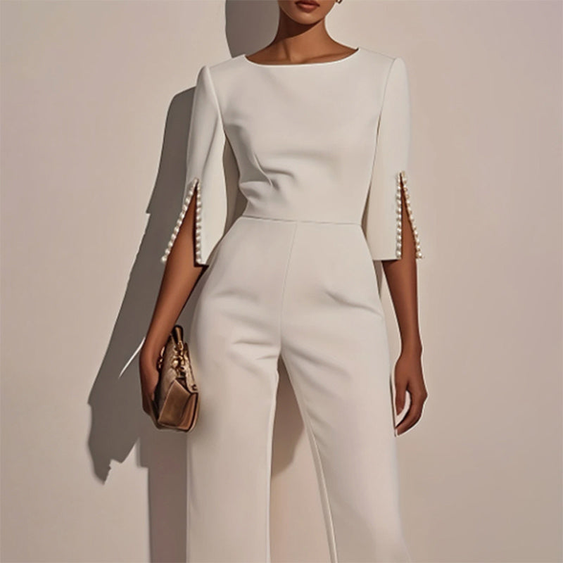 Mid-Sleeve Boat-Neck Dressy Jumpsuit - White