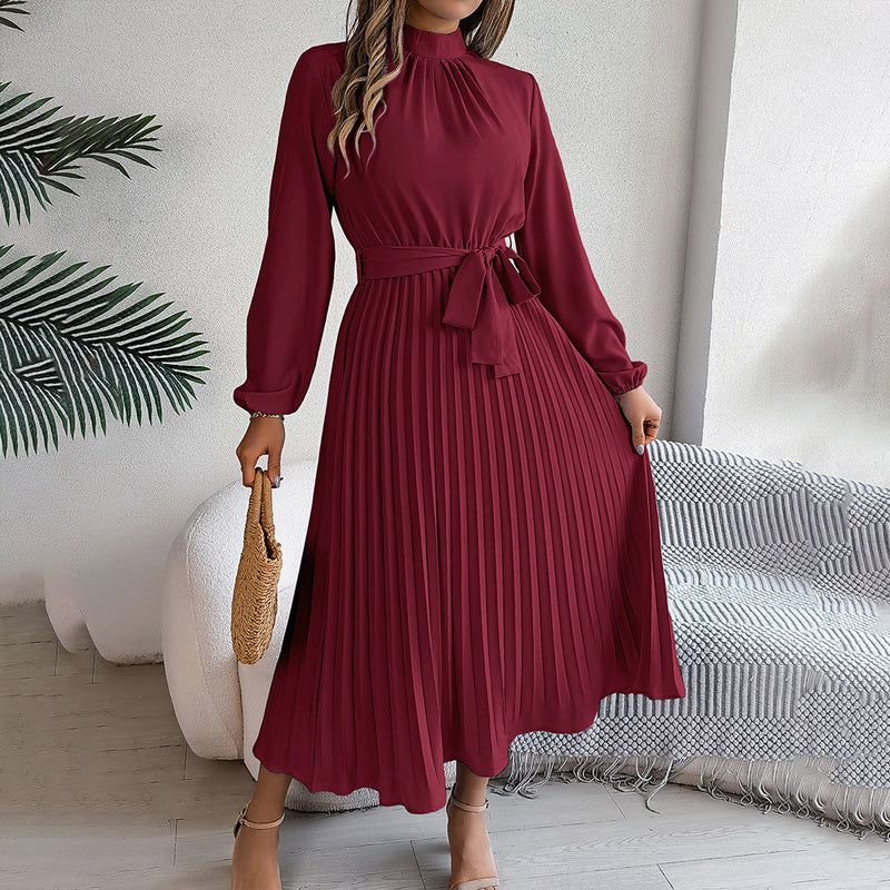 Pleated High-Neck Long Sleeve Maxi Dress - Wine