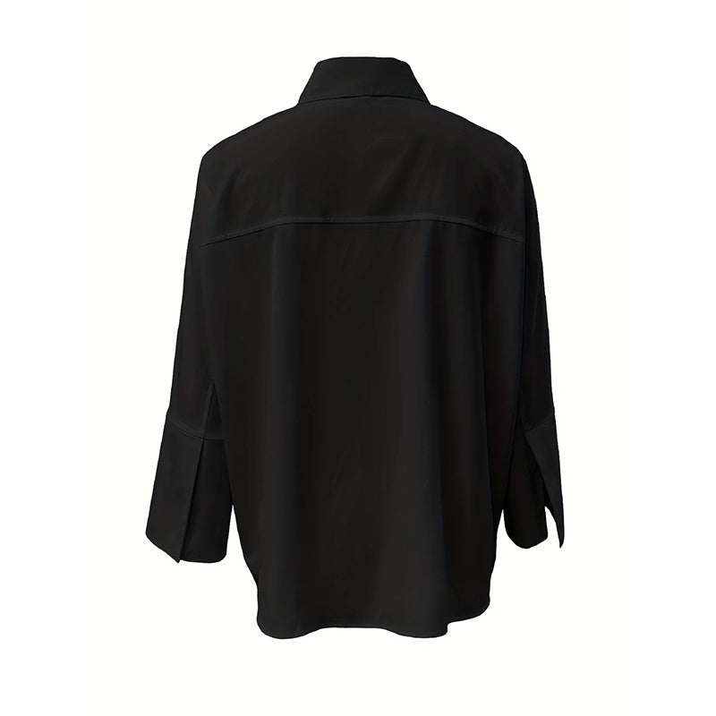 Elegant Button-Down V-Neck Blouse with Puff Sleeve - Black
