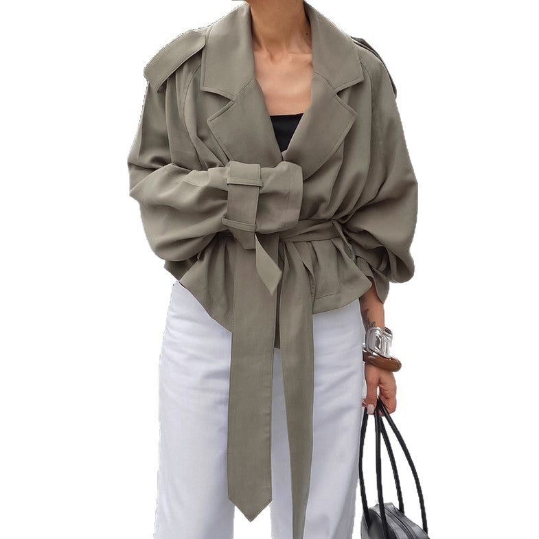 Short-Length Belted Trench Coat with Lapel