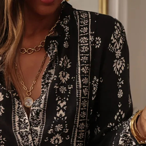 Vintage Boho Printed Blouse with Lantern Sleeves - Black