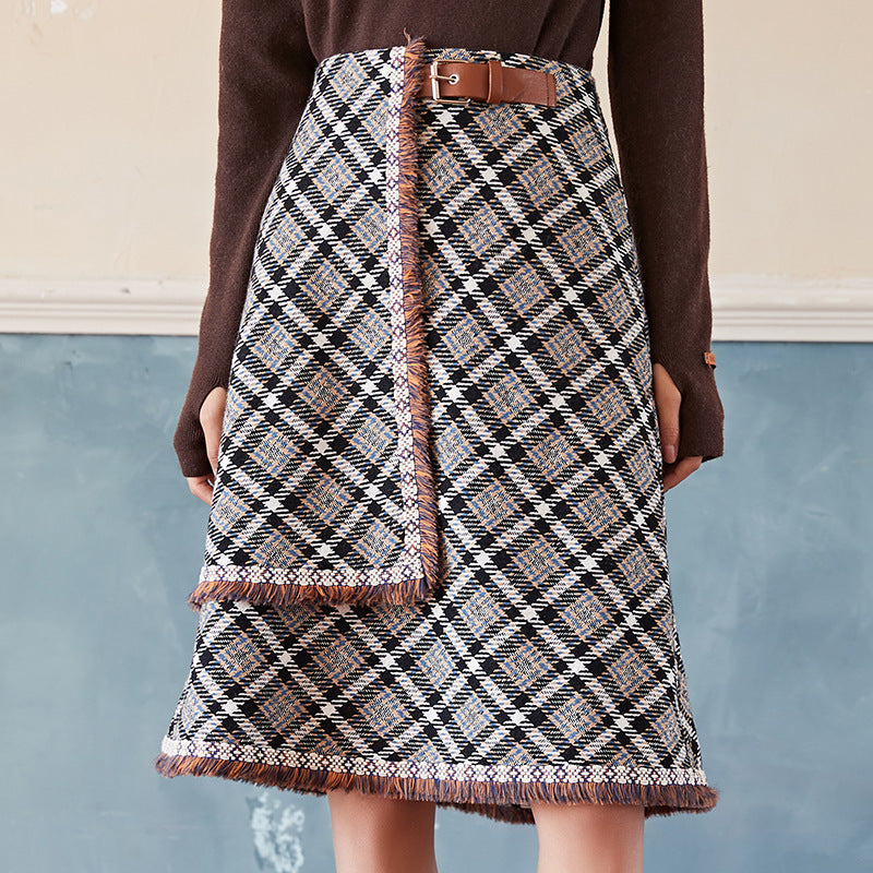 Plaid Fringe-Hem A-Line Midi Skirt