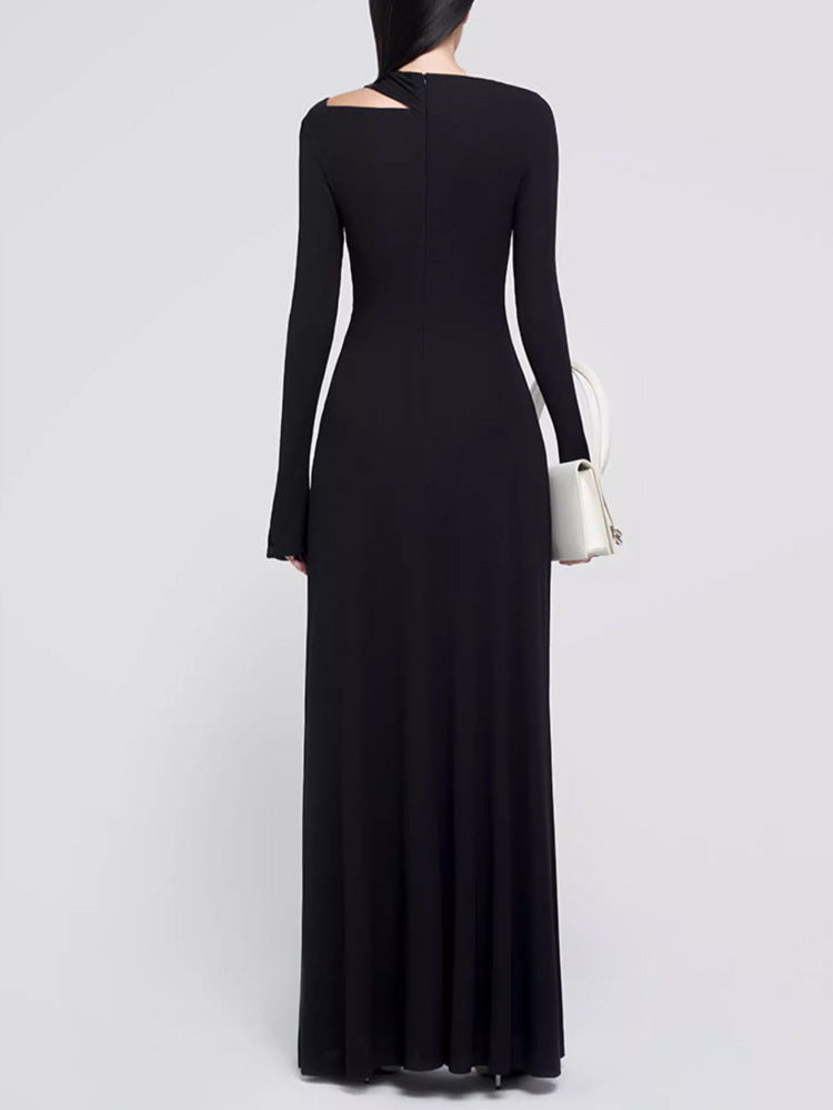 Asymmetrical Slim-Fit Long-Sleeve Maxi Dress - Black