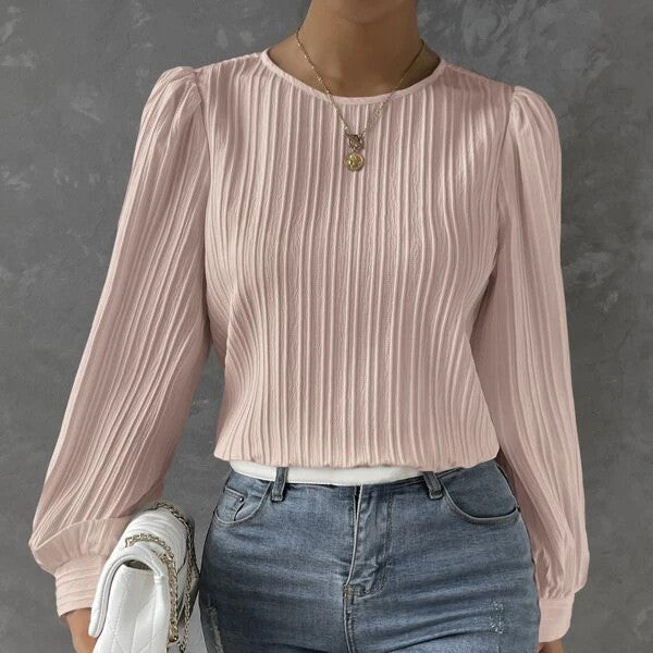 Euro-Style Round Neck Lantern Sleeve Pleated Blouse