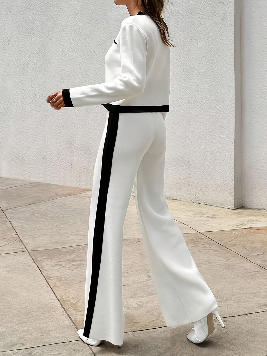 White Mid-Length Blazer and Wide-Leg Trouser Set with Black Trim