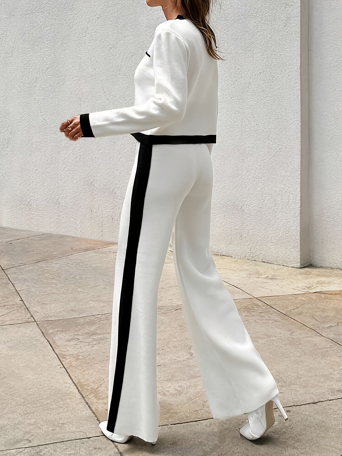 White Mid-Length Blazer and Wide-Leg Trouser Set with Black Trim