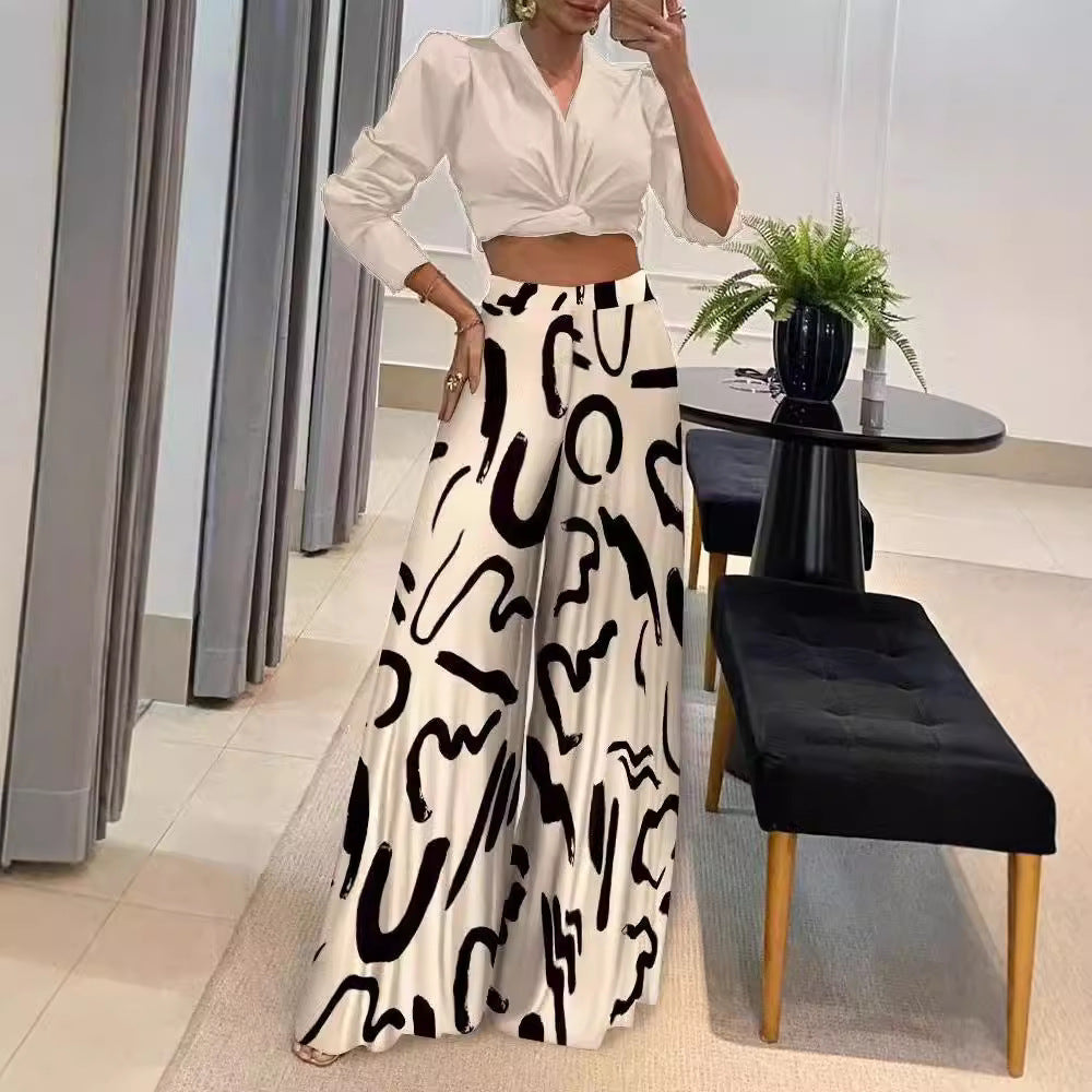 Printed Wide-Leg Palazzo Pants - Beige