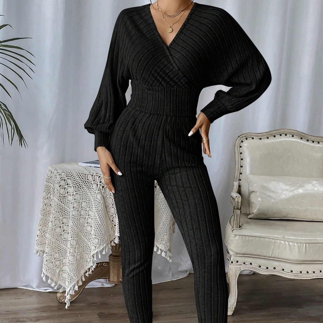 Lightweight Ribbed Knit Long Sleeve Jumpsuit