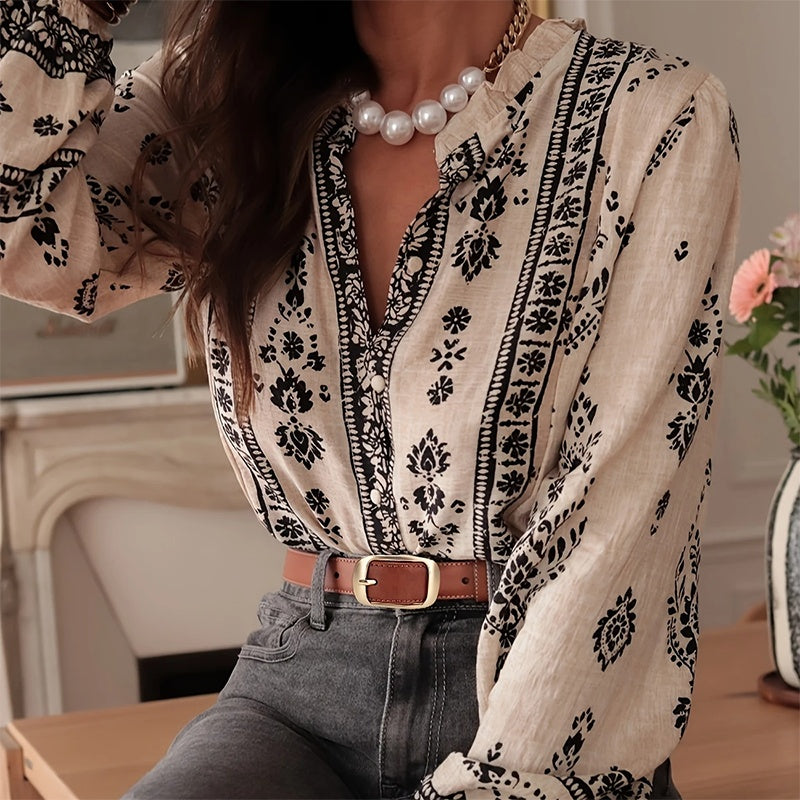 Vintage Boho Printed Blouse with Lantern Sleeves - Apricot
