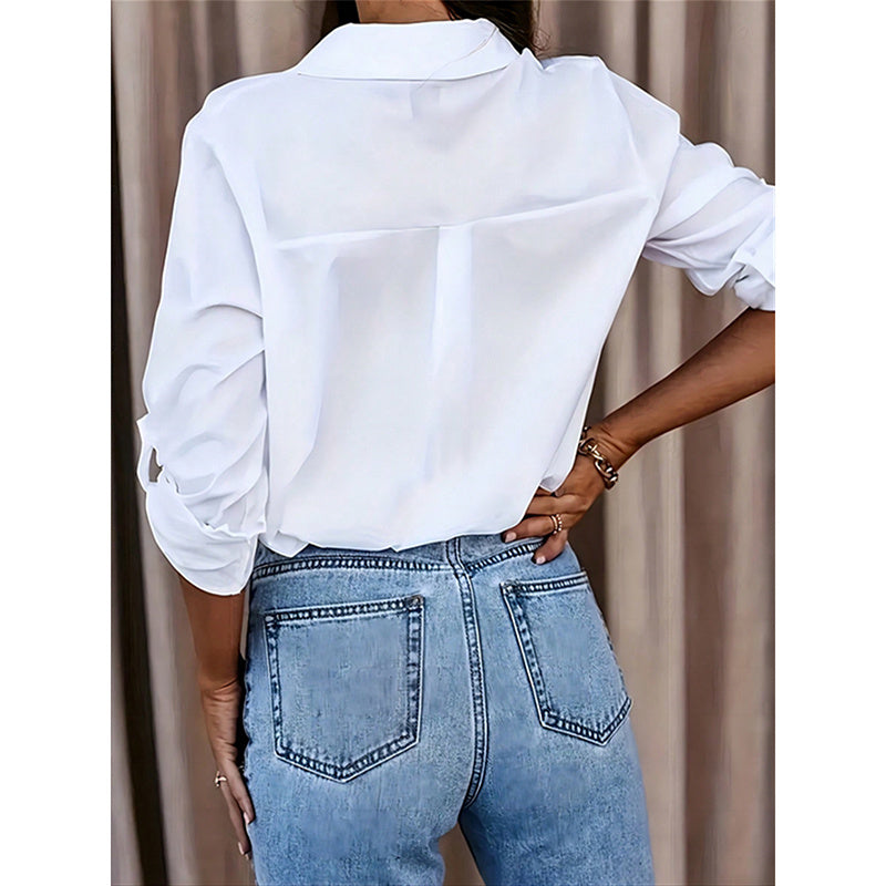Mid-Length Button-Down Shirt with Roll-Up Sleeve - White