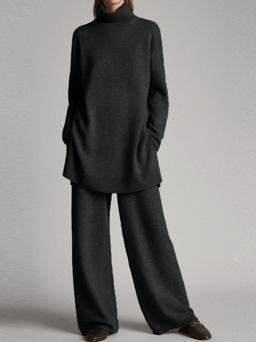 Knitted Turtleneck Sweater and Trousers Set - Black