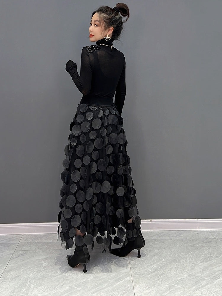 Vintage A-Line Dimensional Polka Dot Mesh Skirt