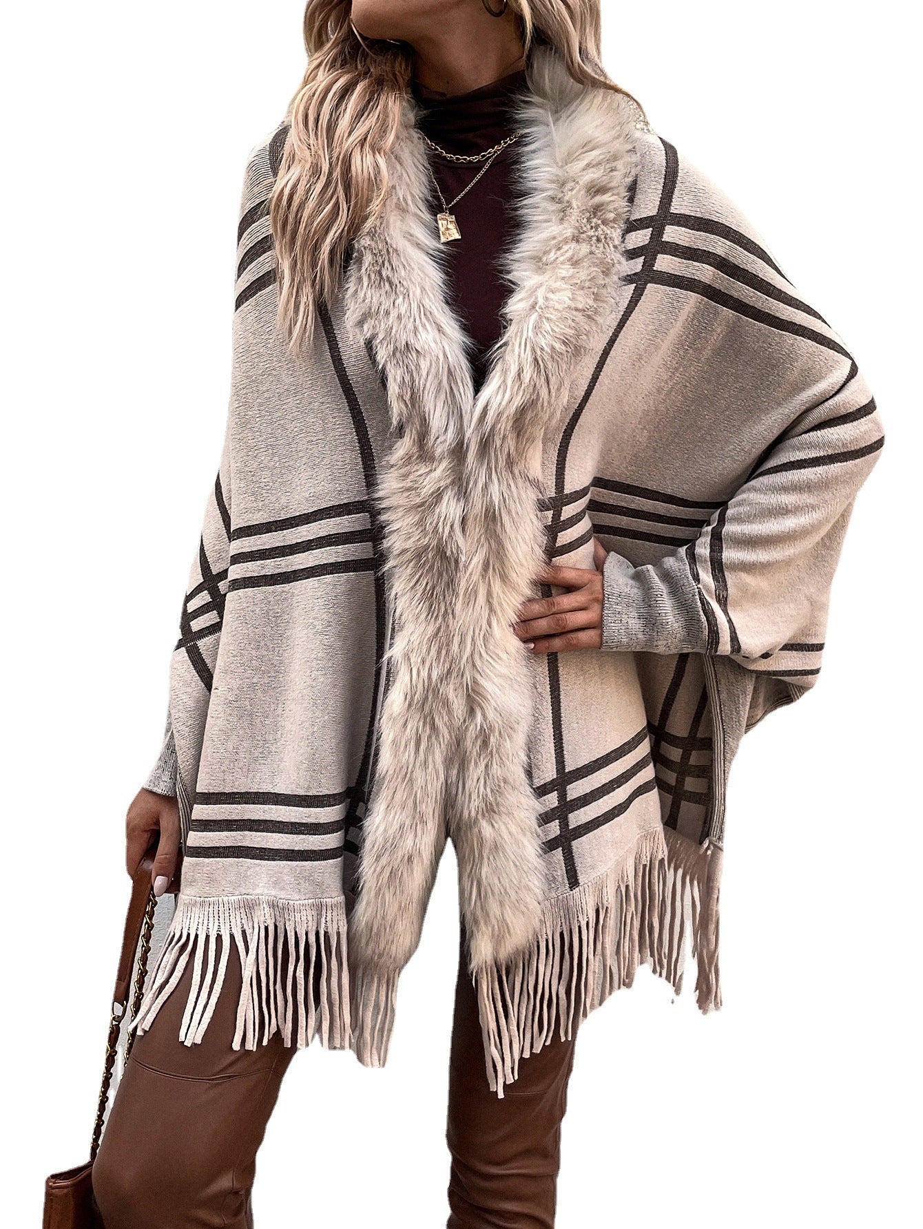 Mosaic Plaid Fur Collared Shawl