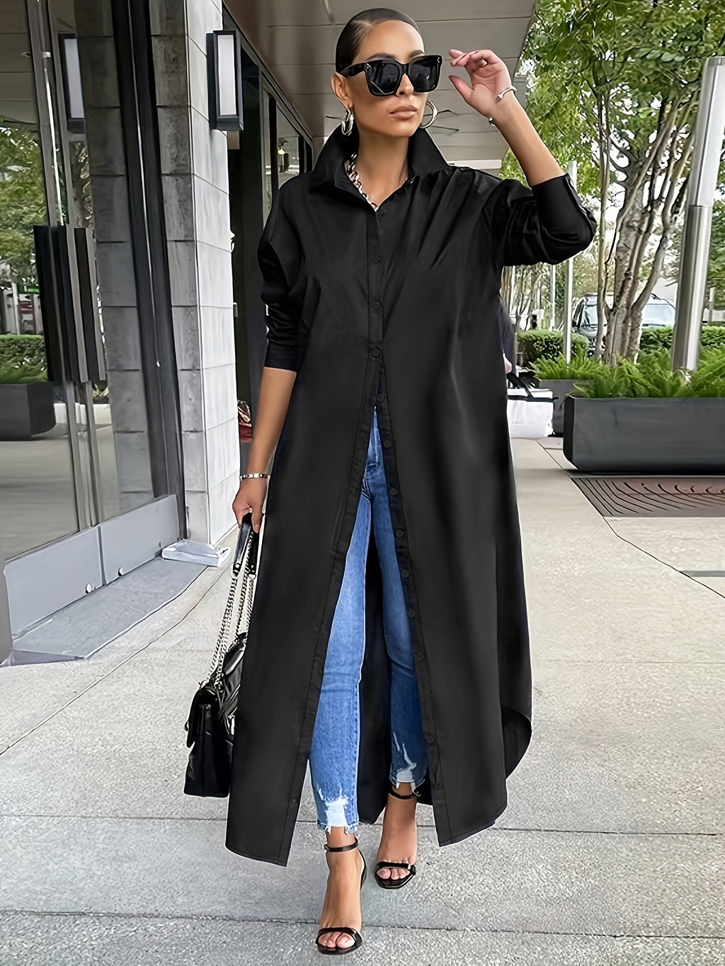 Sculpted Button Design Long Sleeve Longline Shirt - Black