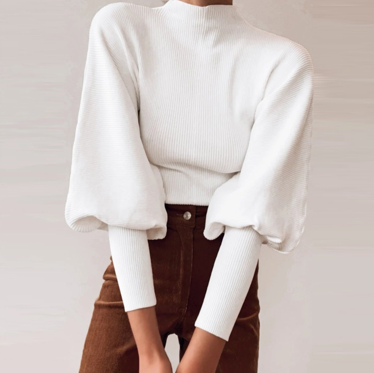 Tailored Knit Sweater with Contoured Bell Sleeves - White