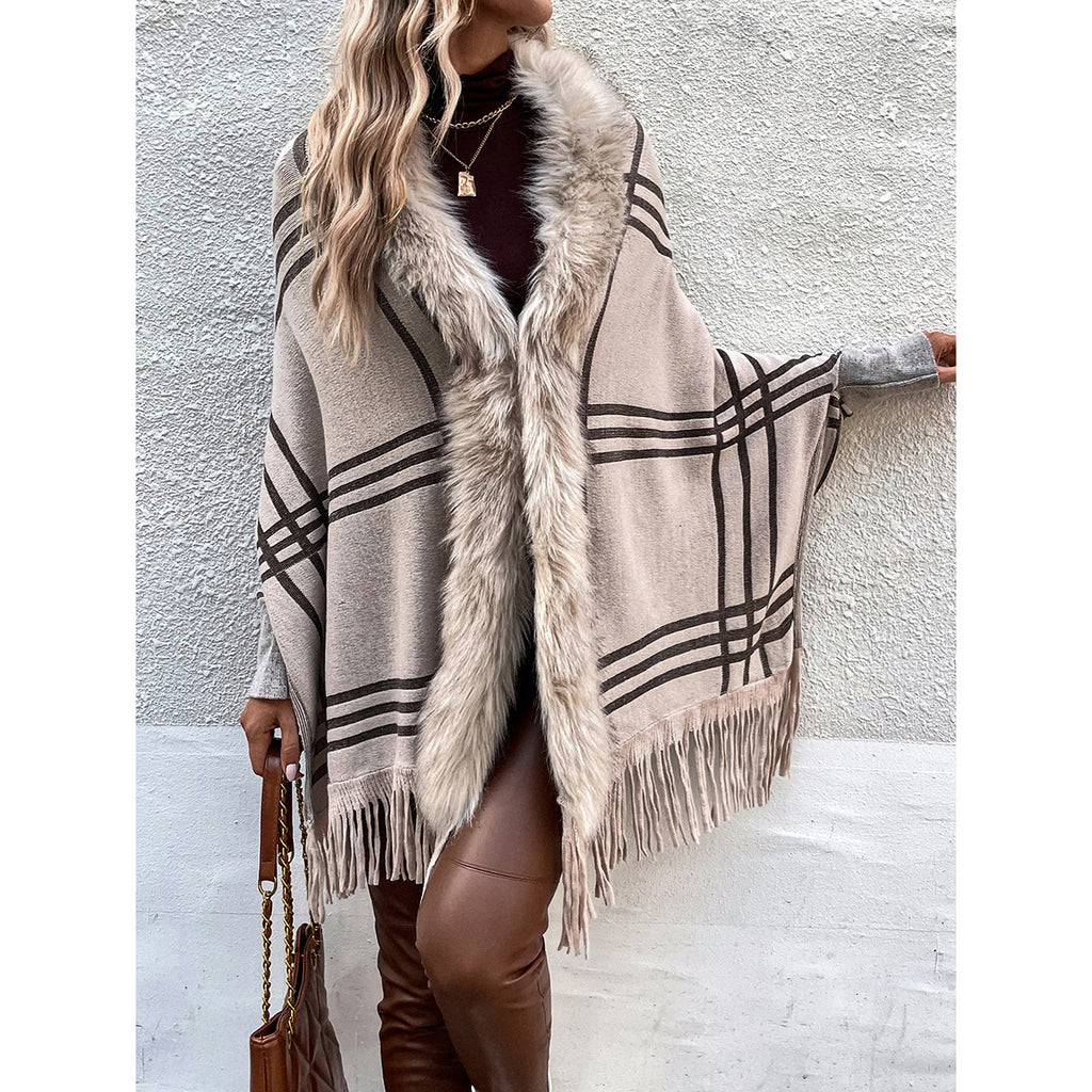 Mosaic Plaid Fur Collared Shawl