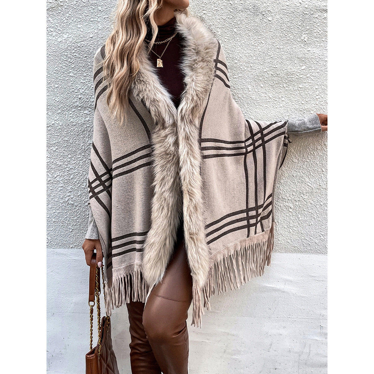 Mosaic Plaid Fur Collared Shawl