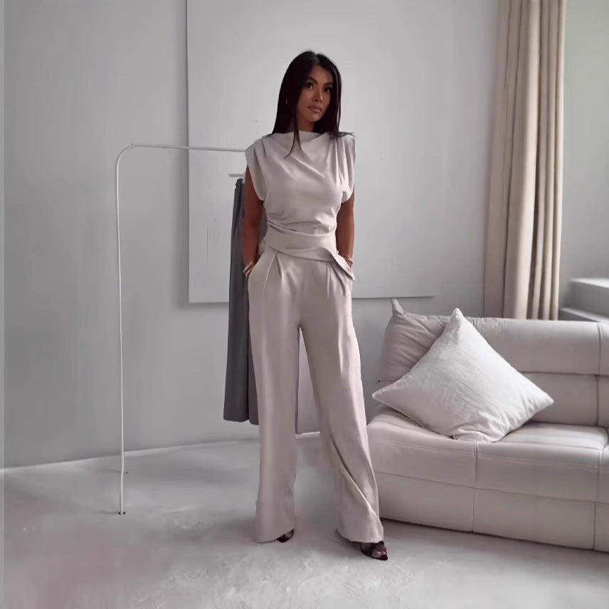 Asymmetric Sleeveless Top & Straight Pants Set - White