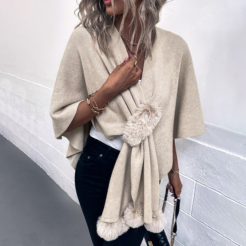 Knitted Cardigan Shawl with Faux Fur Trim