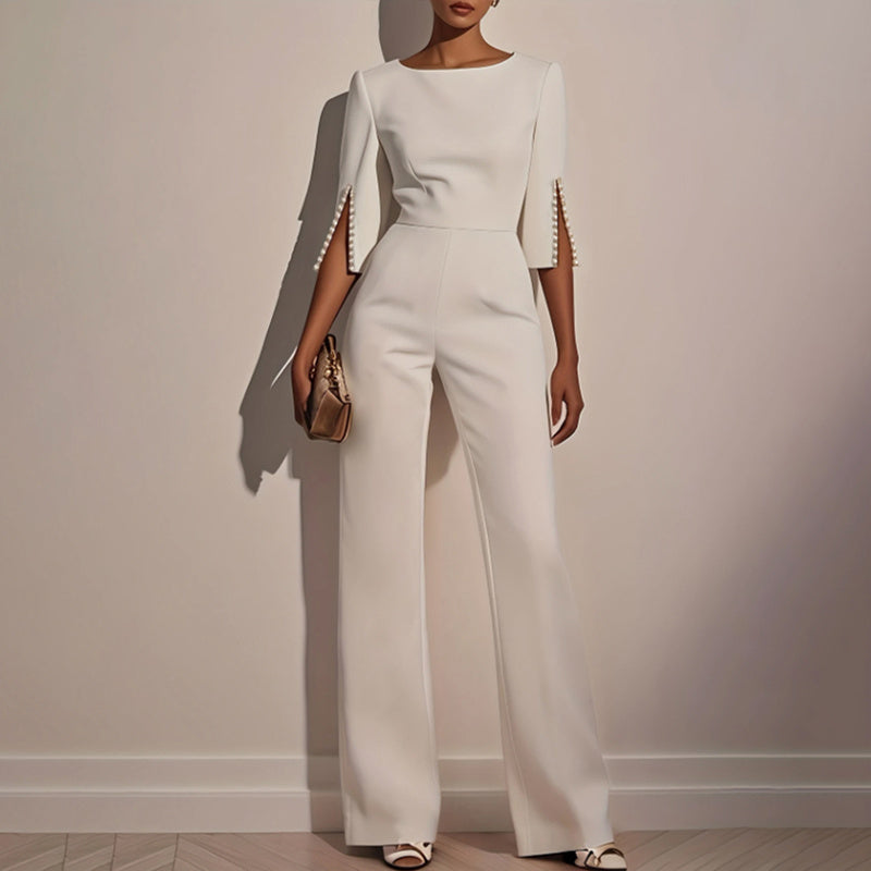 Mid-Sleeve Boat-Neck Dressy Jumpsuit - White