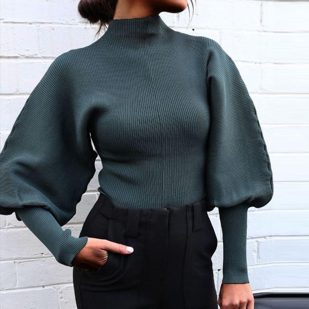 Tailored Knit Sweater with Contoured Bell Sleeves - Green