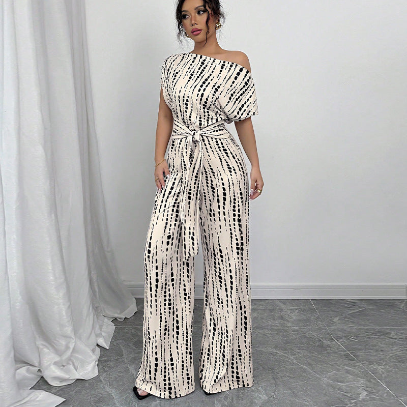 One-Piece Wide Leg Jumpsuit with Asymmetric Shoulder