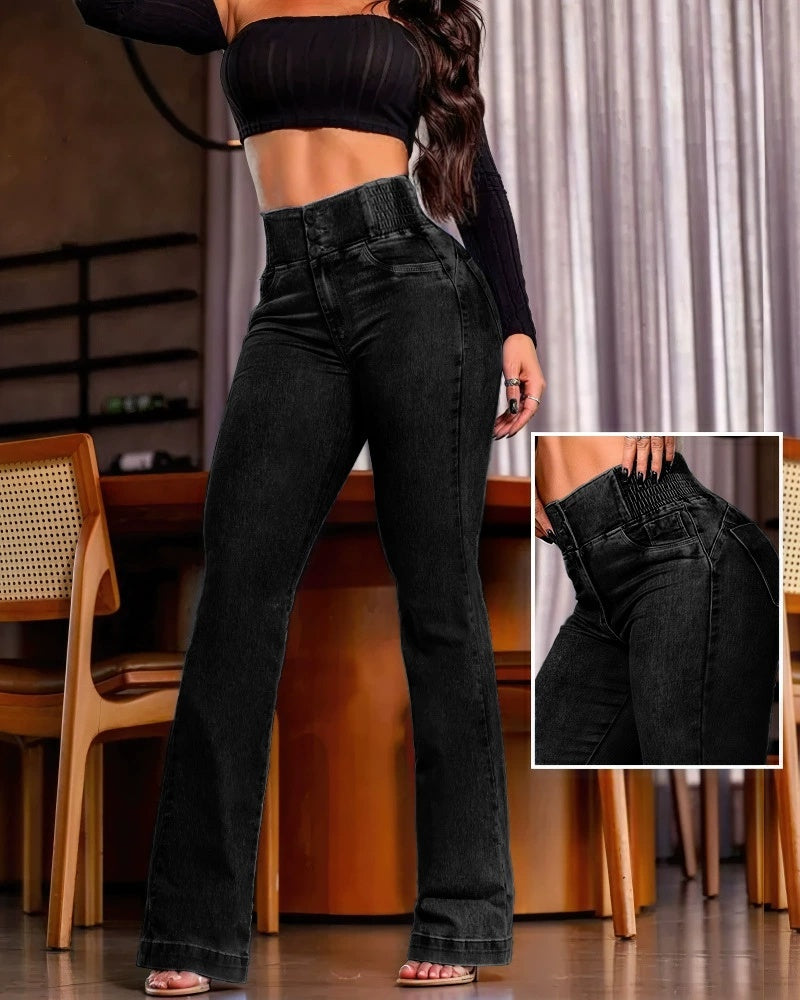 Back Shirred Button Front High Waist Jeans