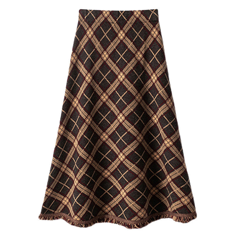 Midi Plaid Wool Skirt - Brown