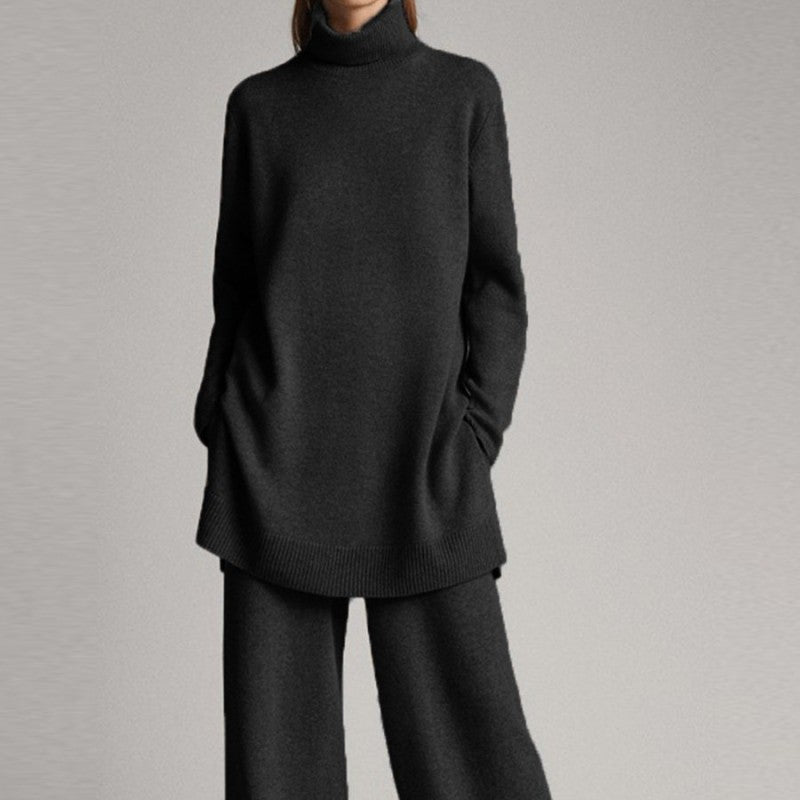 Knitted Turtleneck Sweater and Trousers Set - Black