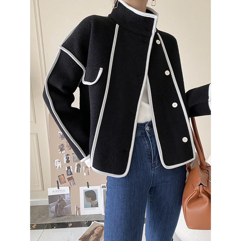 Double-Breasted Coat with Contrasting Trim and Stand-Up Collar