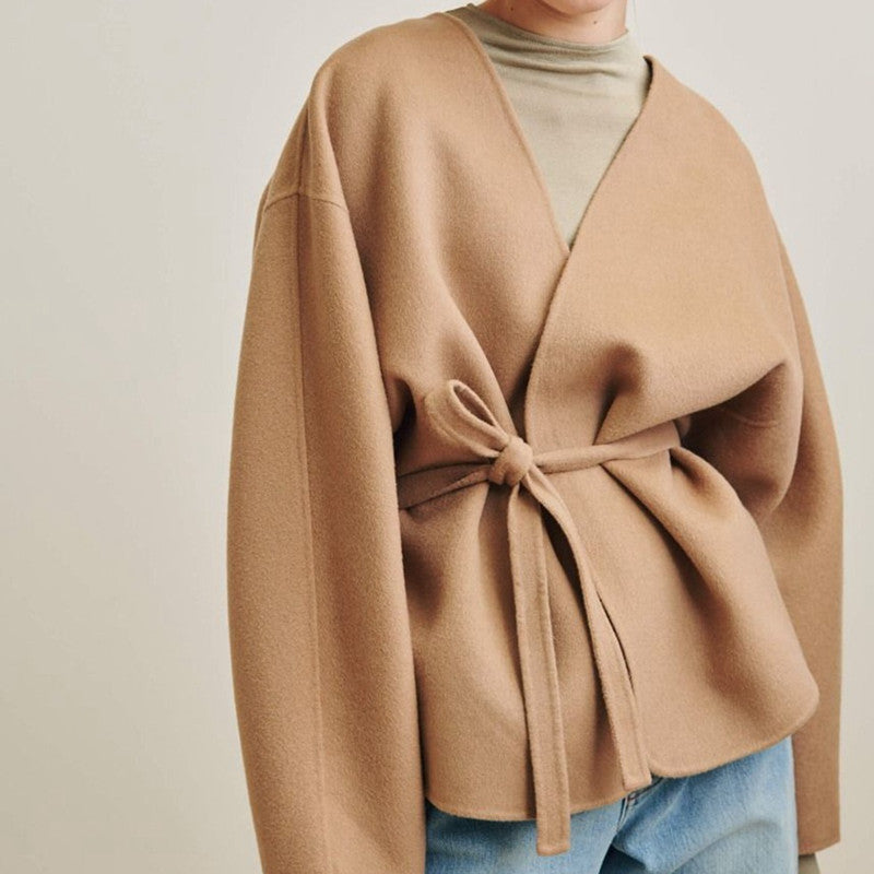 Wrap-Style Layering Belted Cashmere Coat
