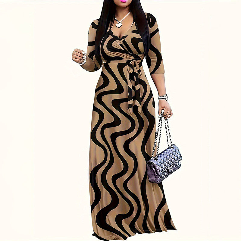 Mid-Sleeve Belted Maxi Dress - Khaki