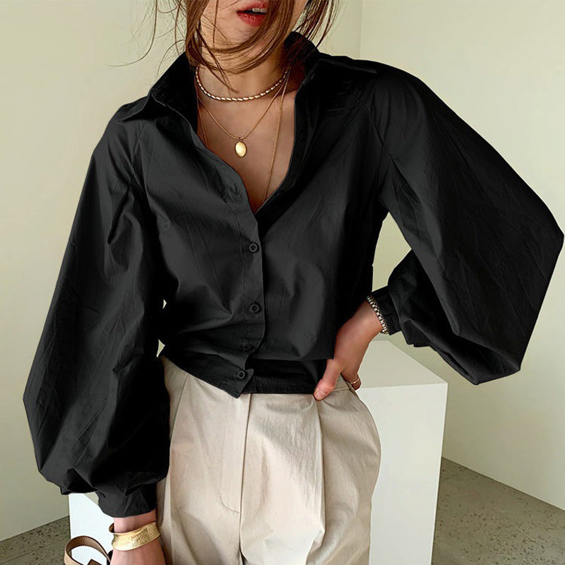 Button-Front Long-Sleeved Blouse with Oversized Collar