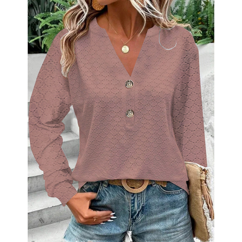 Long-Sleeve Button V-Neck Loose Fit Top - White