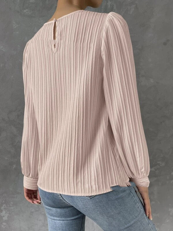 Euro-Style Round Neck Lantern Sleeve Pleated Blouse