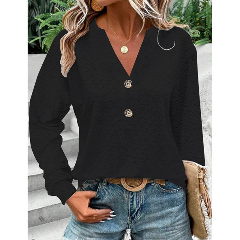 Long-Sleeve Button V-Neck Loose Fit Top - White - Black