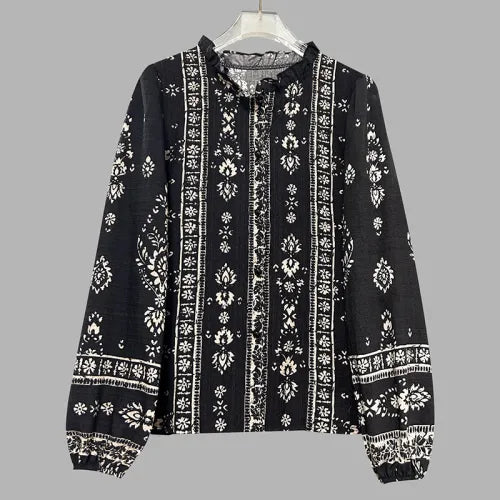 Vintage Boho Printed Blouse with Lantern Sleeves - Black