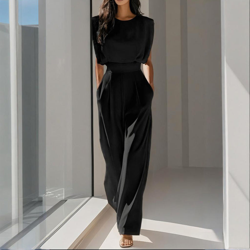 Round-Neck Short-Sleeve Jumpsuit - Black