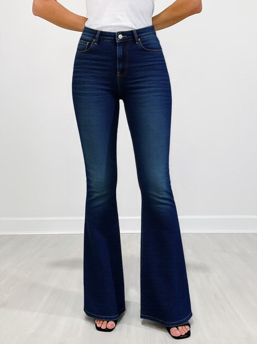 High-Waist Fold-Over Wide-Leg Jeans with Embroidered Pocket