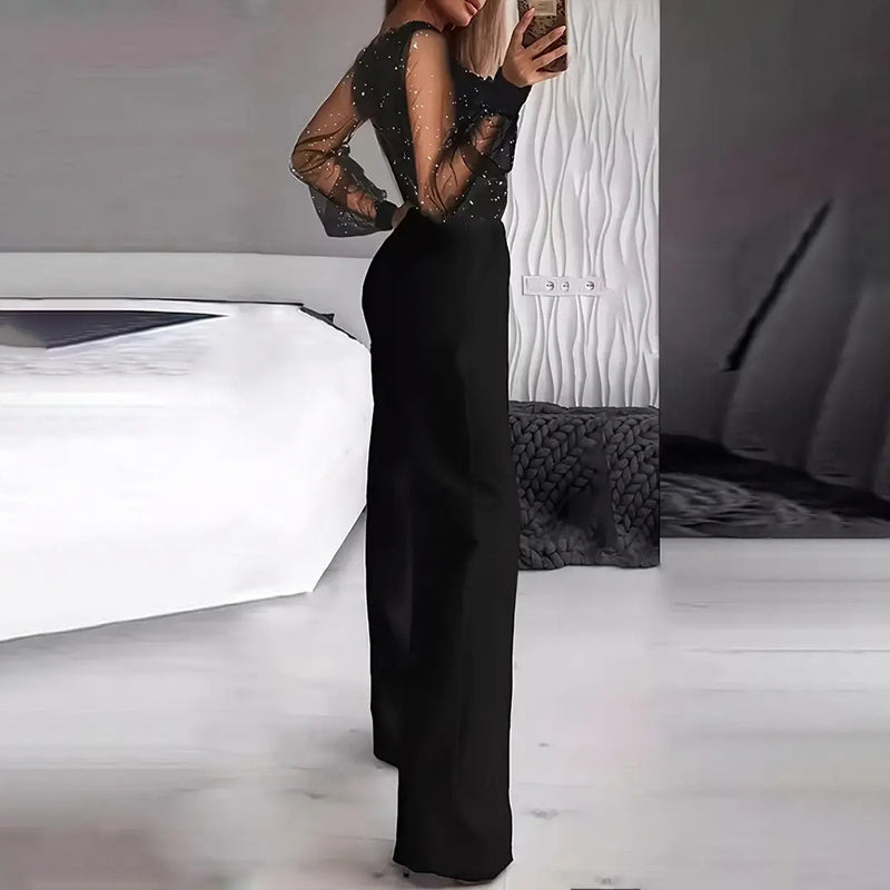 Plunging V-Neck Sequin Top Straight-Leg Jumpsuit with Pockets