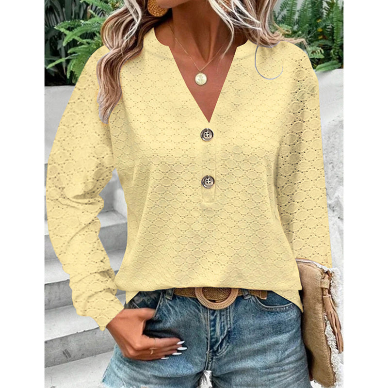 Long-Sleeve Button V-Neck Loose Fit Top - White