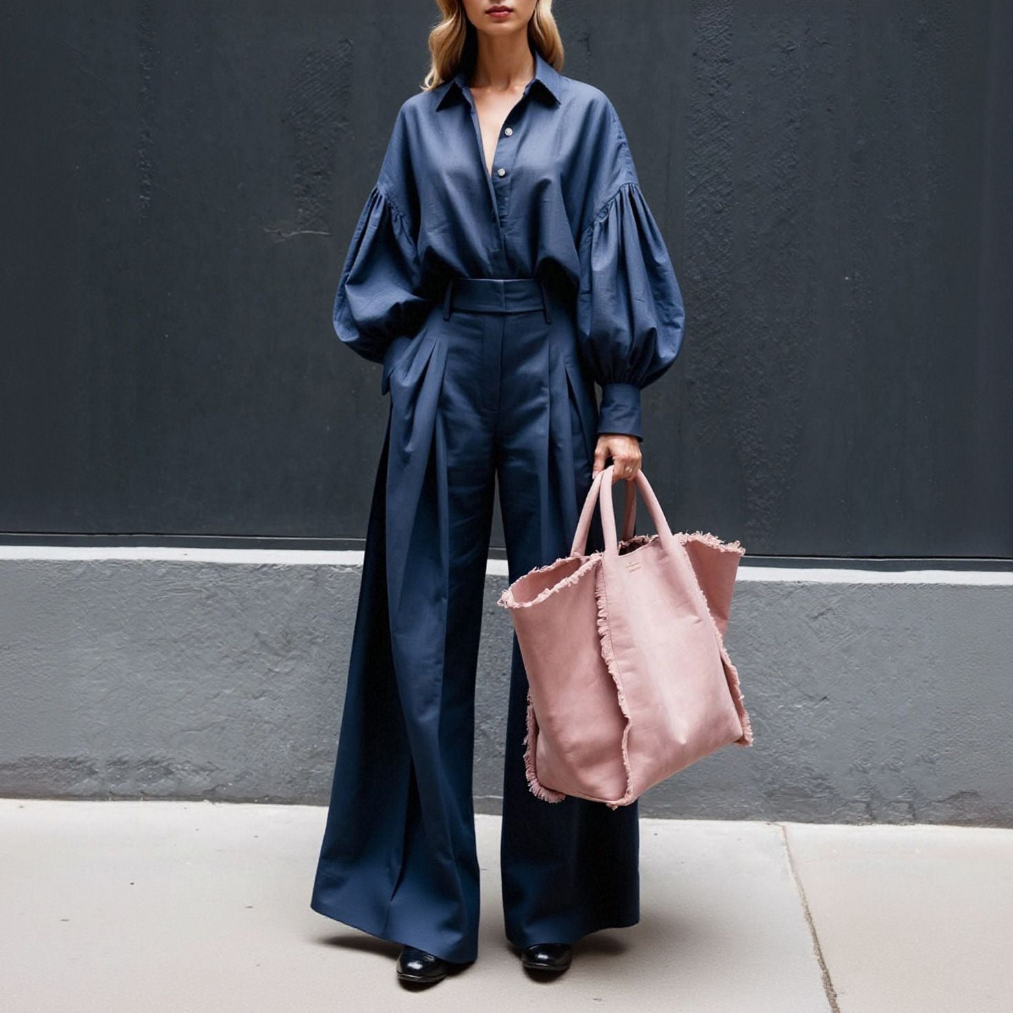 Linen Blend Wide Leg Pant Set Feat. Loose Fit Long-Sleeved Shirt