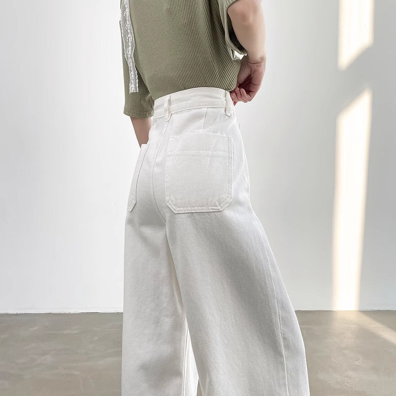 Sleek High-Waist Straight-Leg Denim Trouser Pants - White