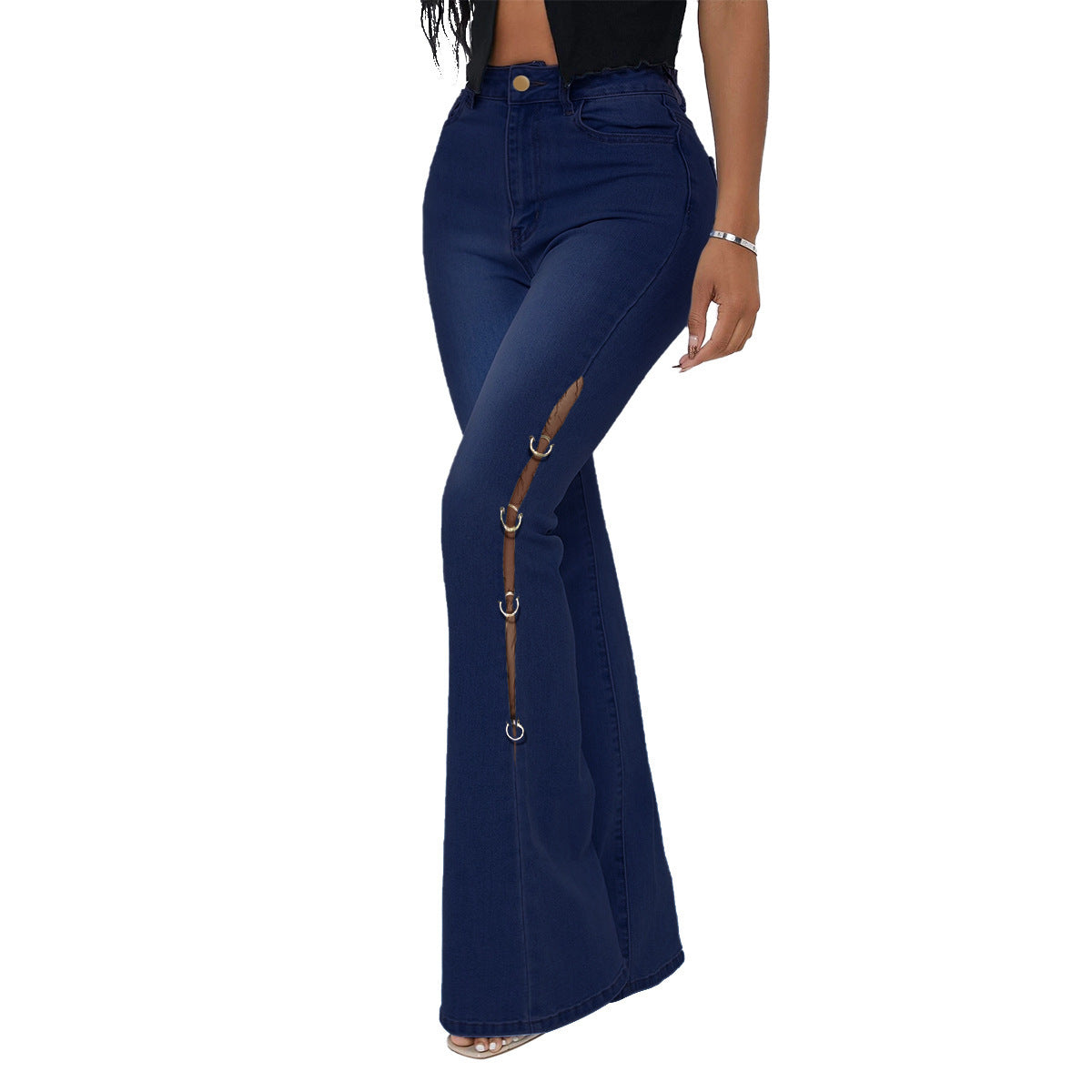 Distressed Flared Jeans with Metal Accents