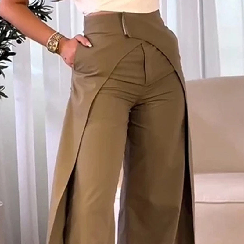 Wide-Leg Pants with Crossover Design Pockets - Brown