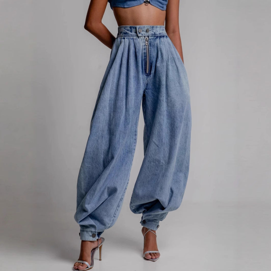 Denim High-Waist Zipper Barrel Balloon Jeans