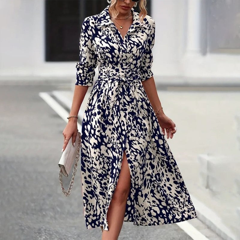 Belted Slit Dress with Leopard Print