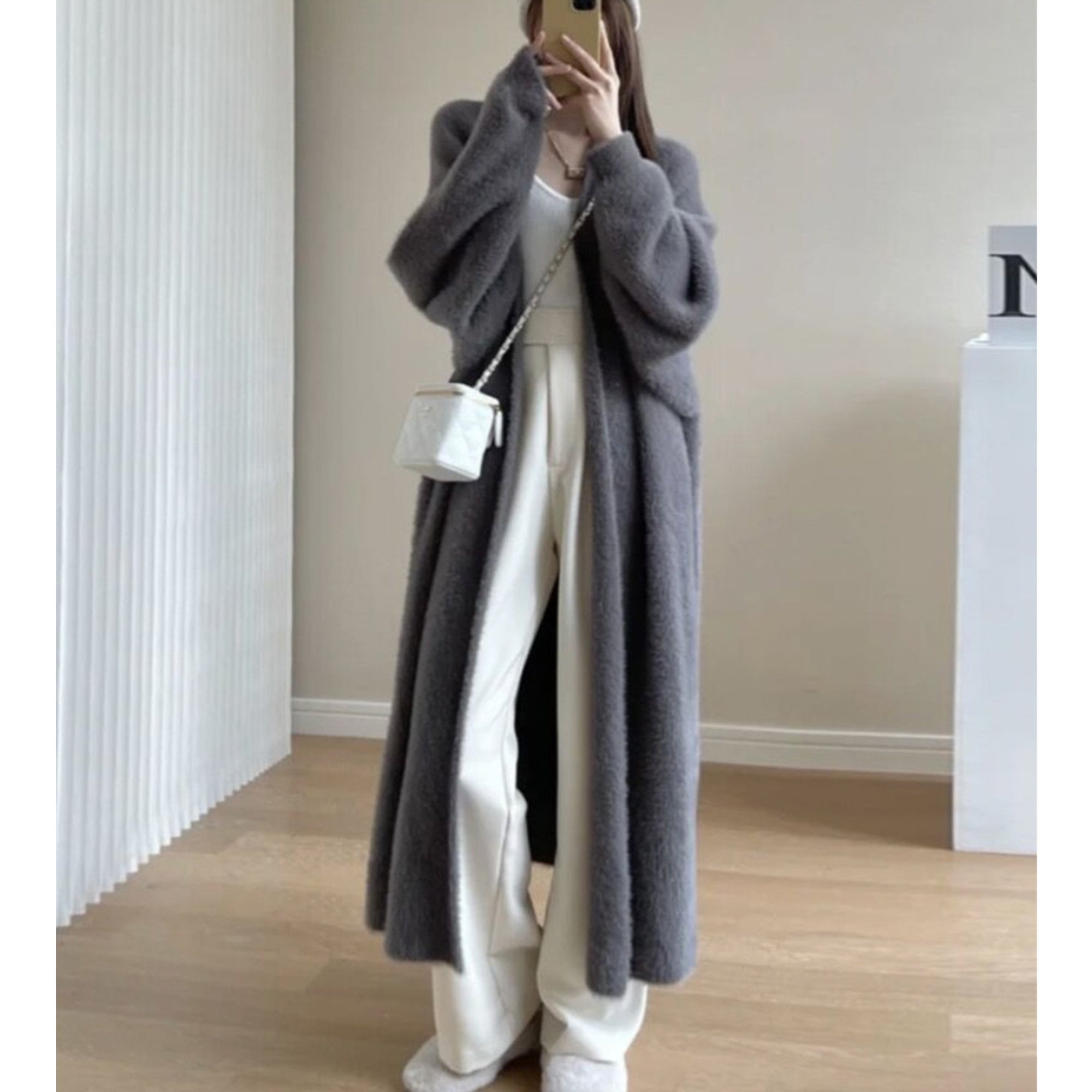Plush Faux Mink Cardigan Duster - Gray