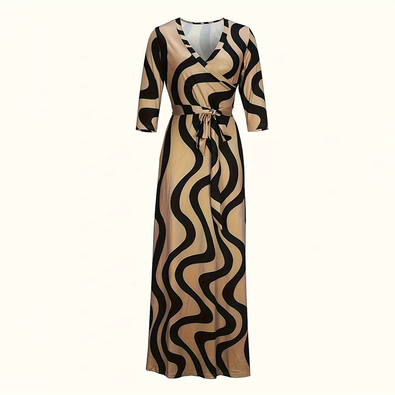 Mid-Sleeve Belted Maxi Dress - Khaki