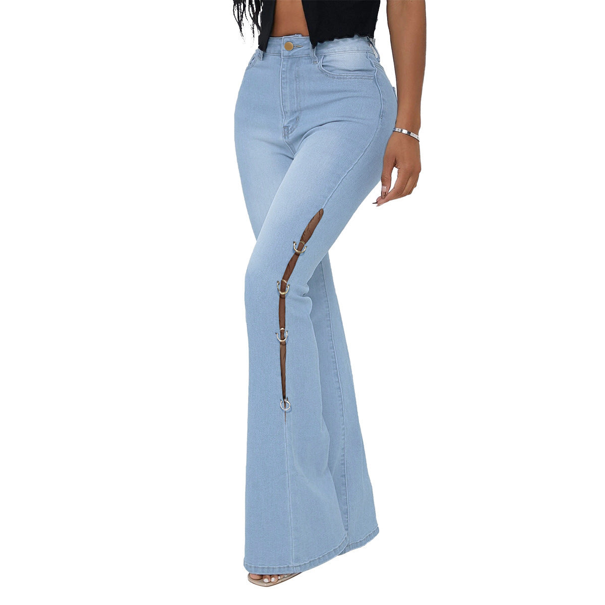 Distressed Flared Jeans with Metal Accents